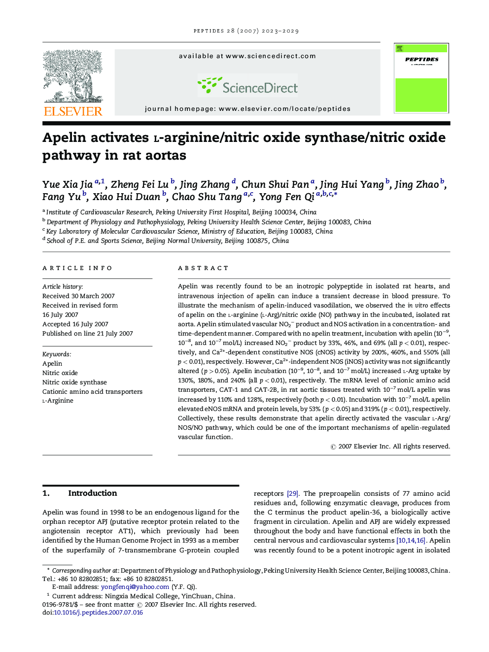 Apelin activates l-arginine/nitric oxide synthase/nitric oxide pathway in rat aortas