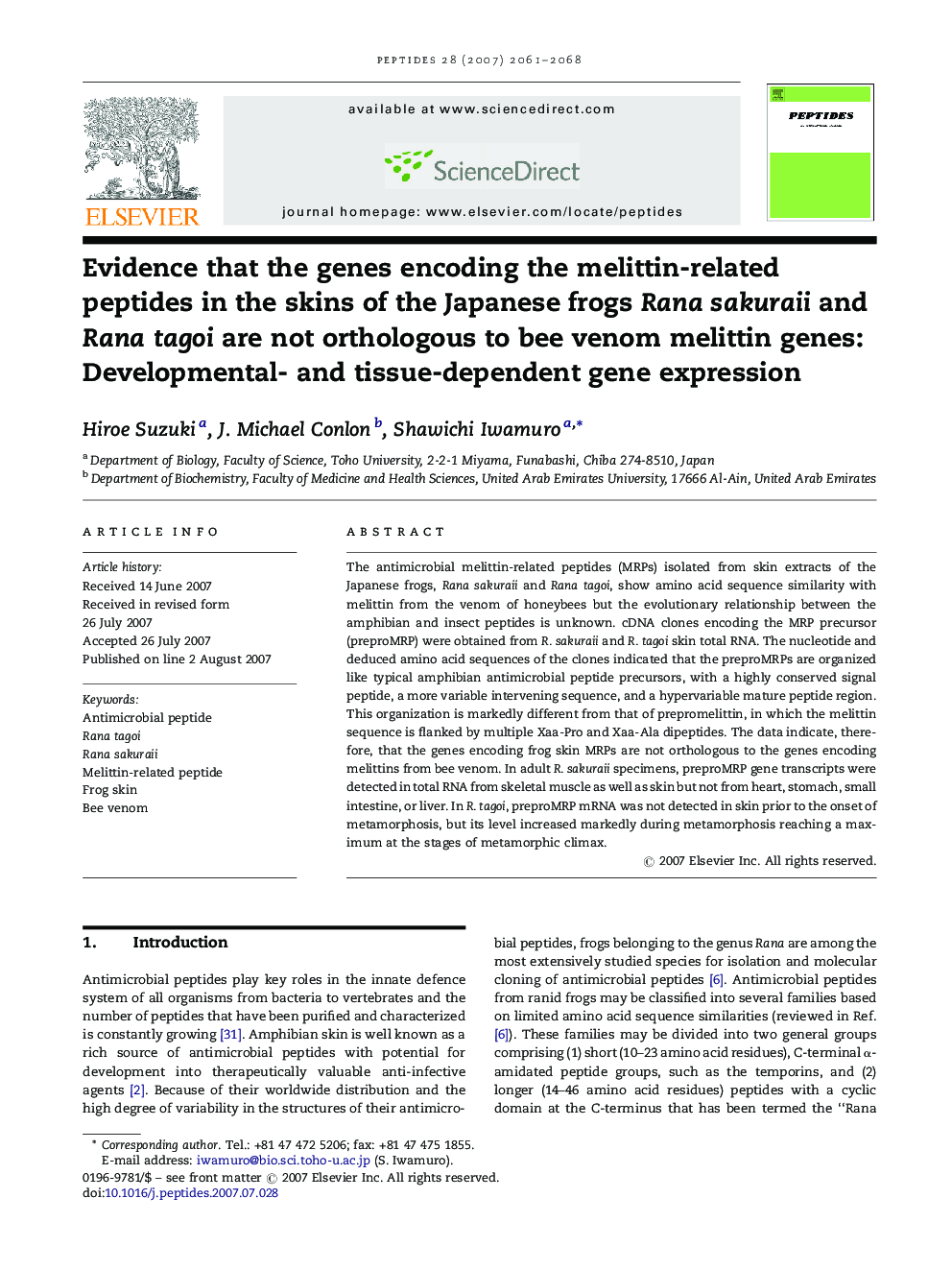 Evidence that the genes encoding the melittin-related peptides in the skins of the Japanese frogs Rana sakuraii and Rana tagoi are not orthologous to bee venom melittin genes: Developmental- and tissue-dependent gene expression