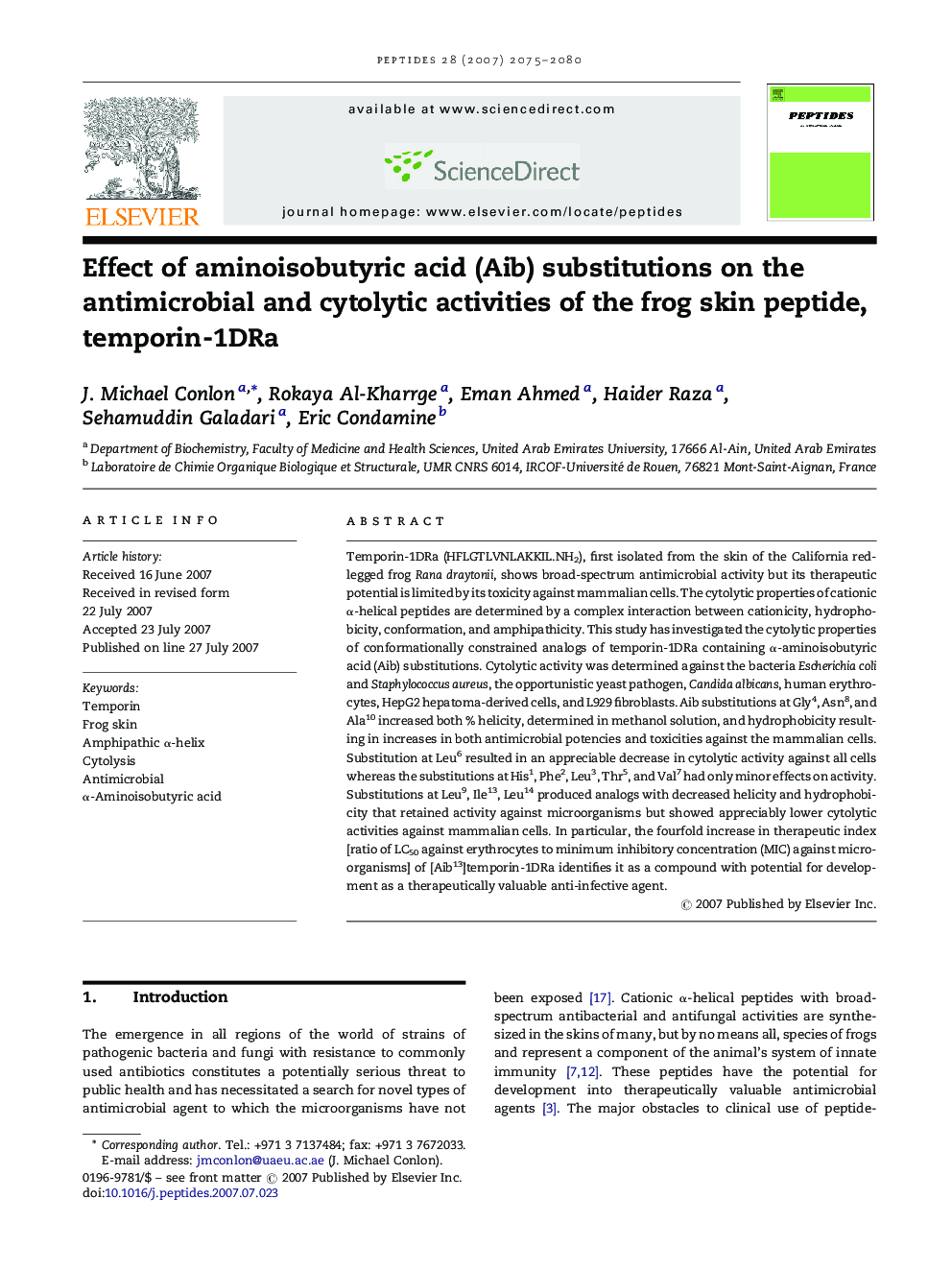 Effect of aminoisobutyric acid (Aib) substitutions on the antimicrobial and cytolytic activities of the frog skin peptide, temporin-1DRa