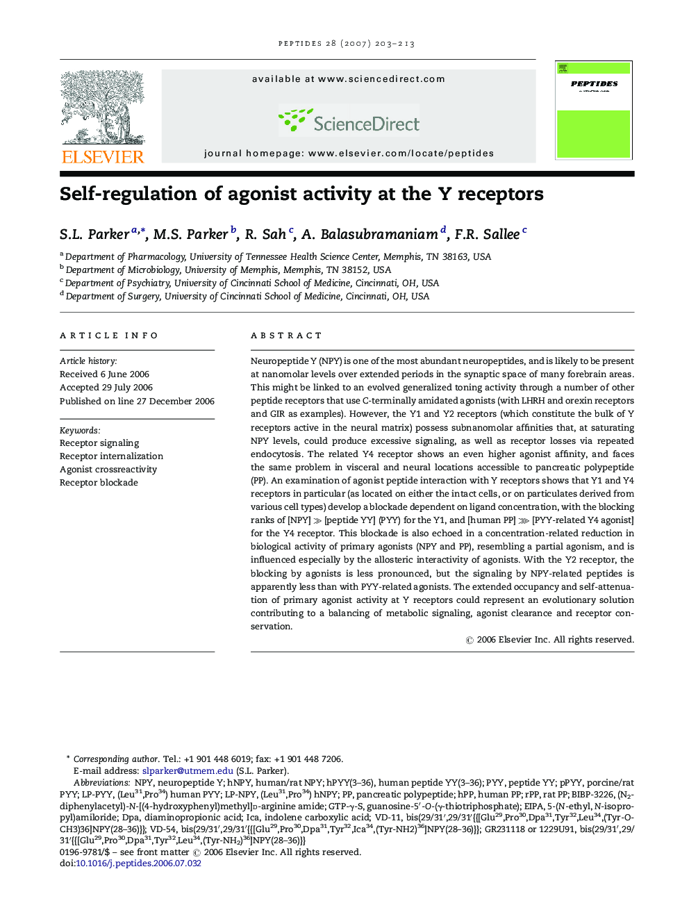 Self-regulation of agonist activity at the Y receptors