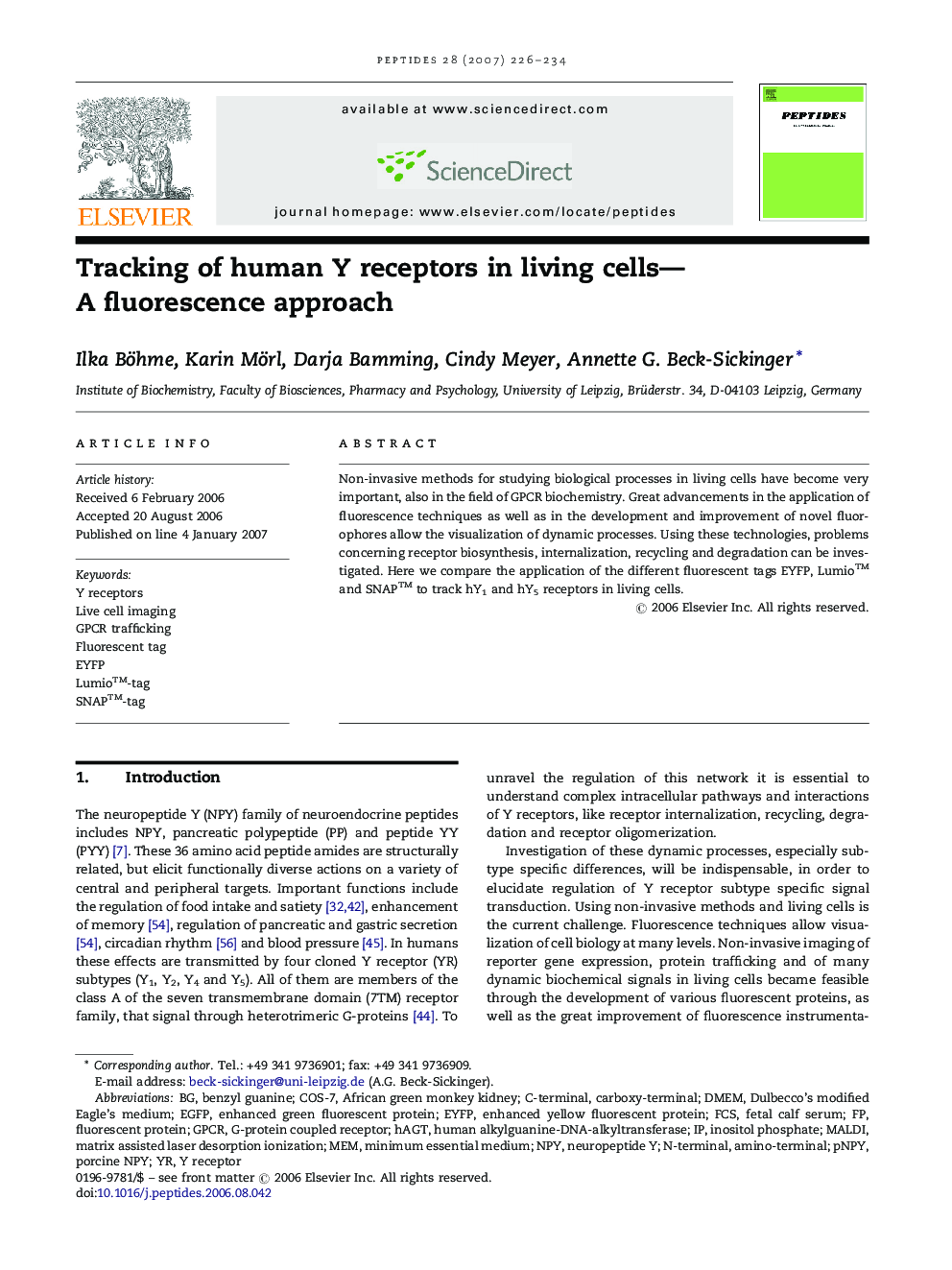 Tracking of human Y receptors in living cells—A fluorescence approach