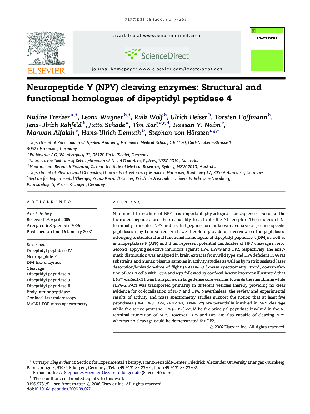 Neuropeptide Y (NPY) cleaving enzymes: Structural and functional homologues of dipeptidyl peptidase 4