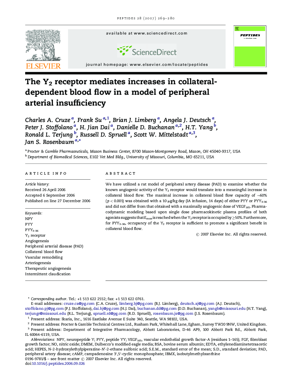 The Y2 receptor mediates increases in collateral-dependent blood flow in a model of peripheral arterial insufficiency