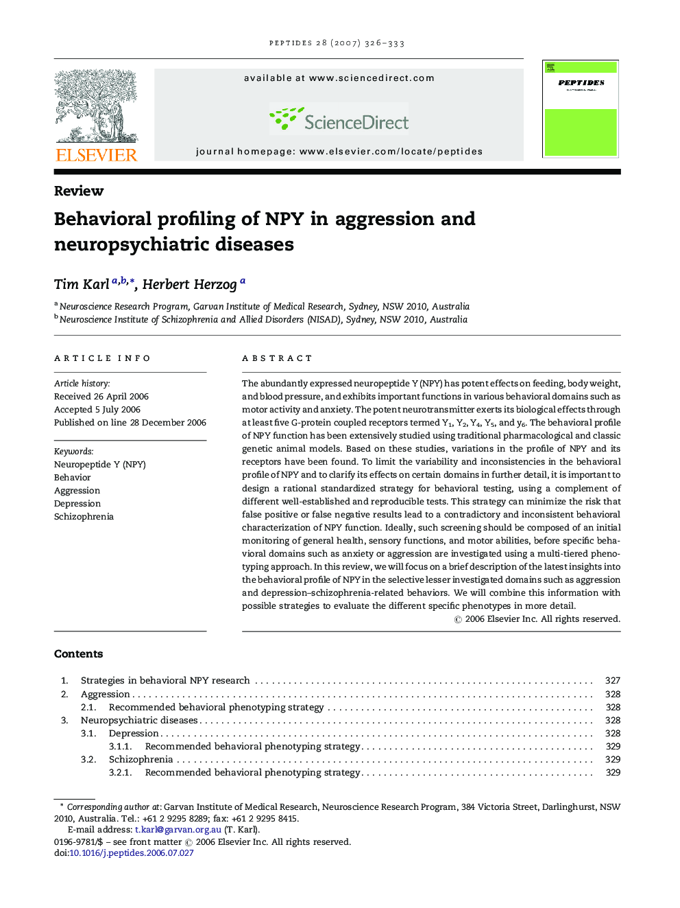 Behavioral profiling of NPY in aggression and neuropsychiatric diseases