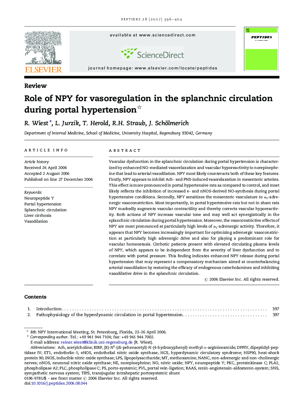 Role of NPY for vasoregulation in the splanchnic circulation during portal hypertension 