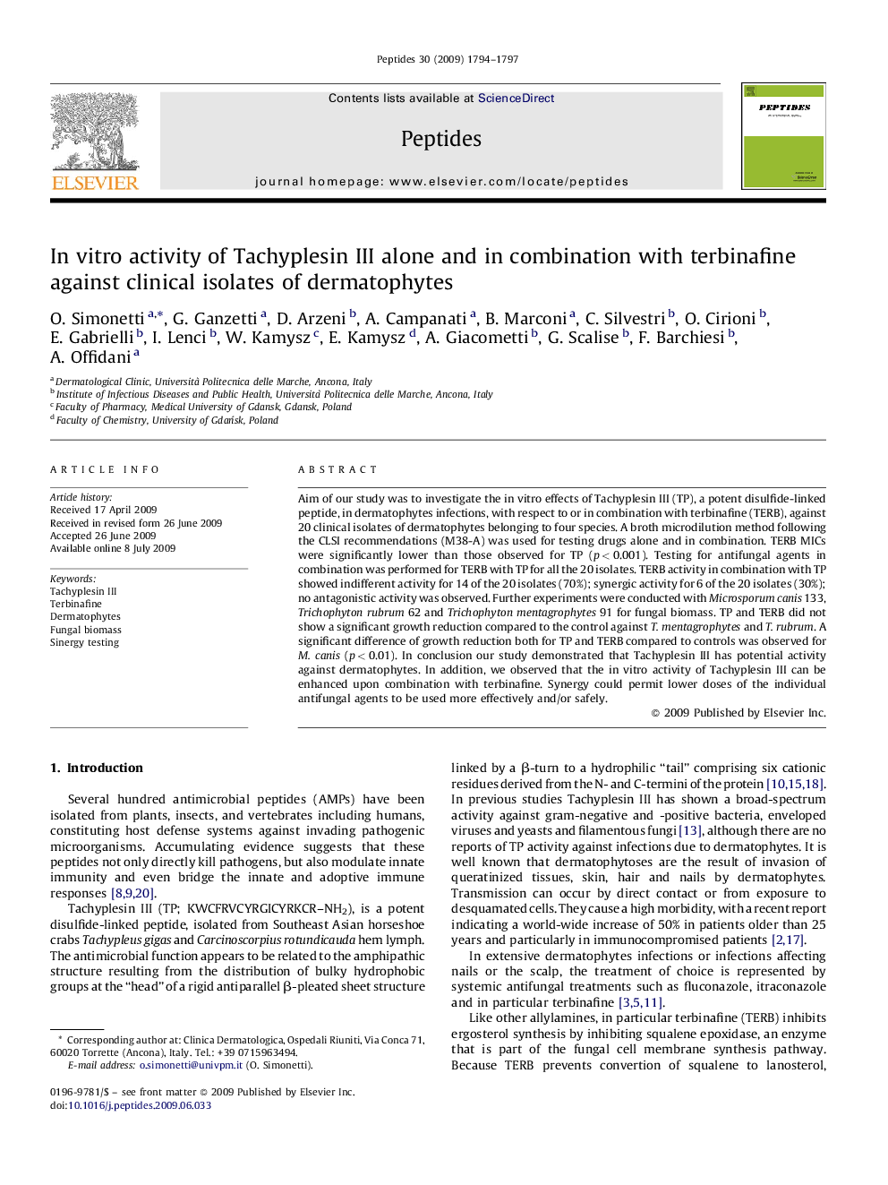 In vitro activity of Tachyplesin III alone and in combination with terbinafine against clinical isolates of dermatophytes