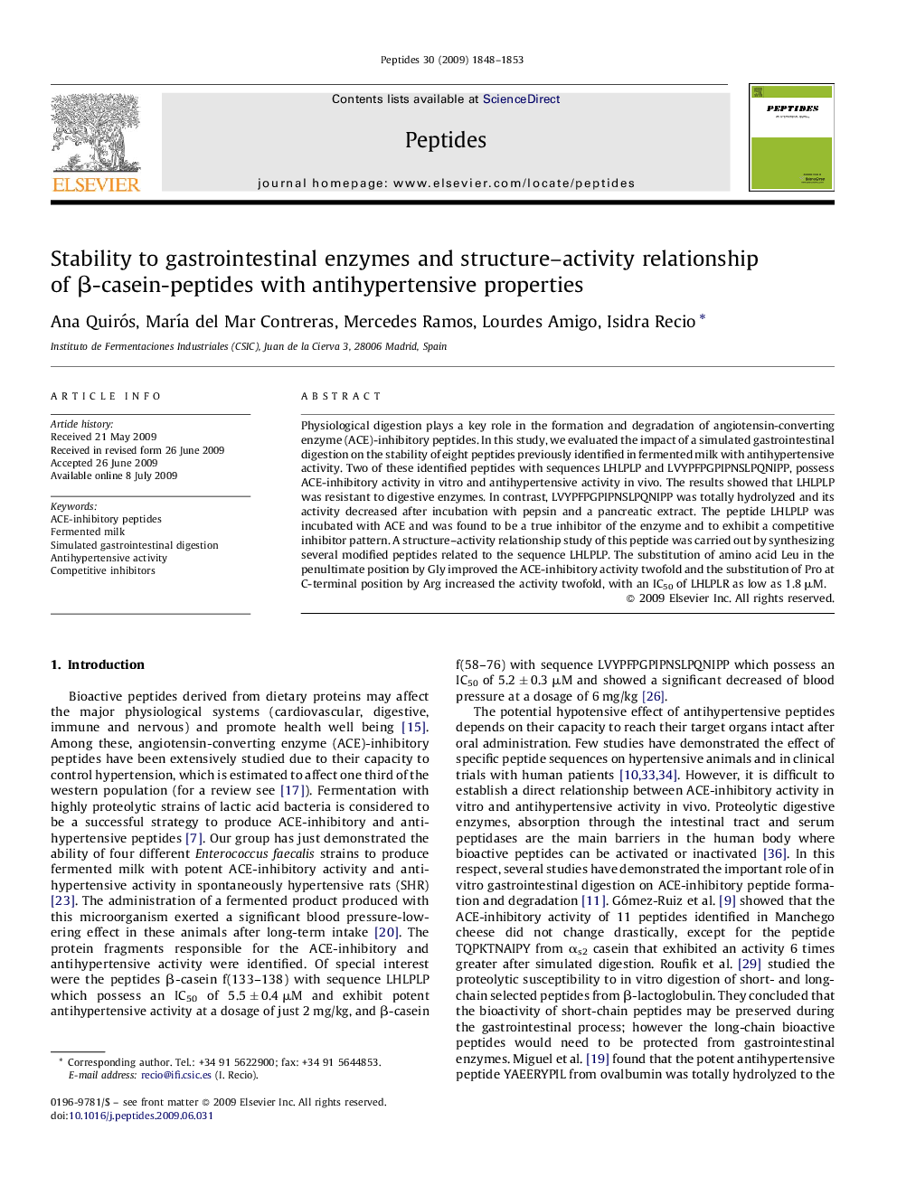 Stability to gastrointestinal enzymes and structure–activity relationship of β-casein-peptides with antihypertensive properties