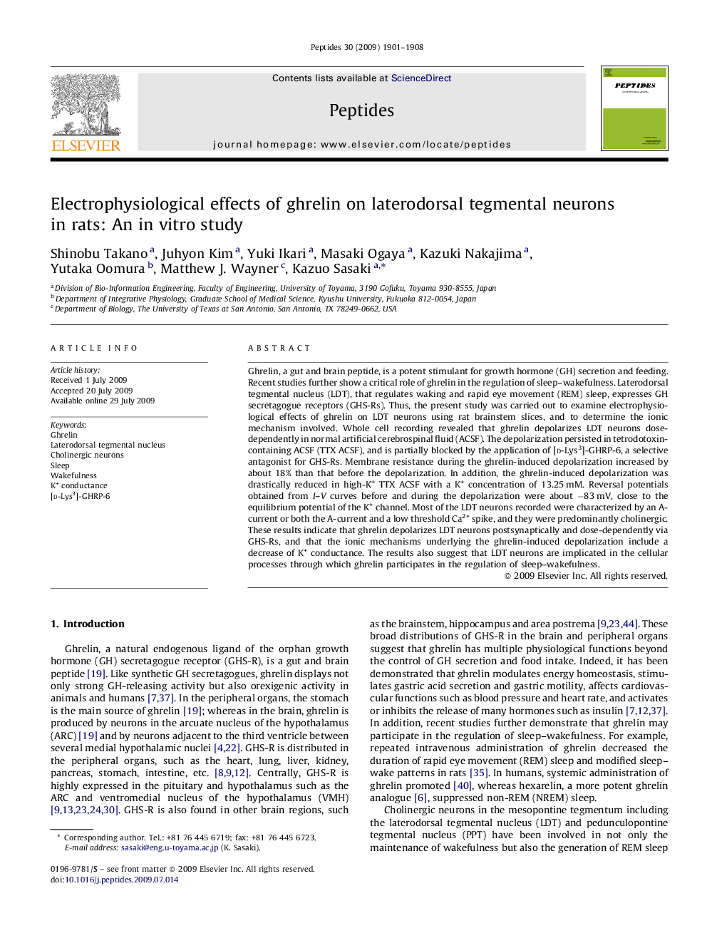 Electrophysiological effects of ghrelin on laterodorsal tegmental neurons in rats: An in vitro study