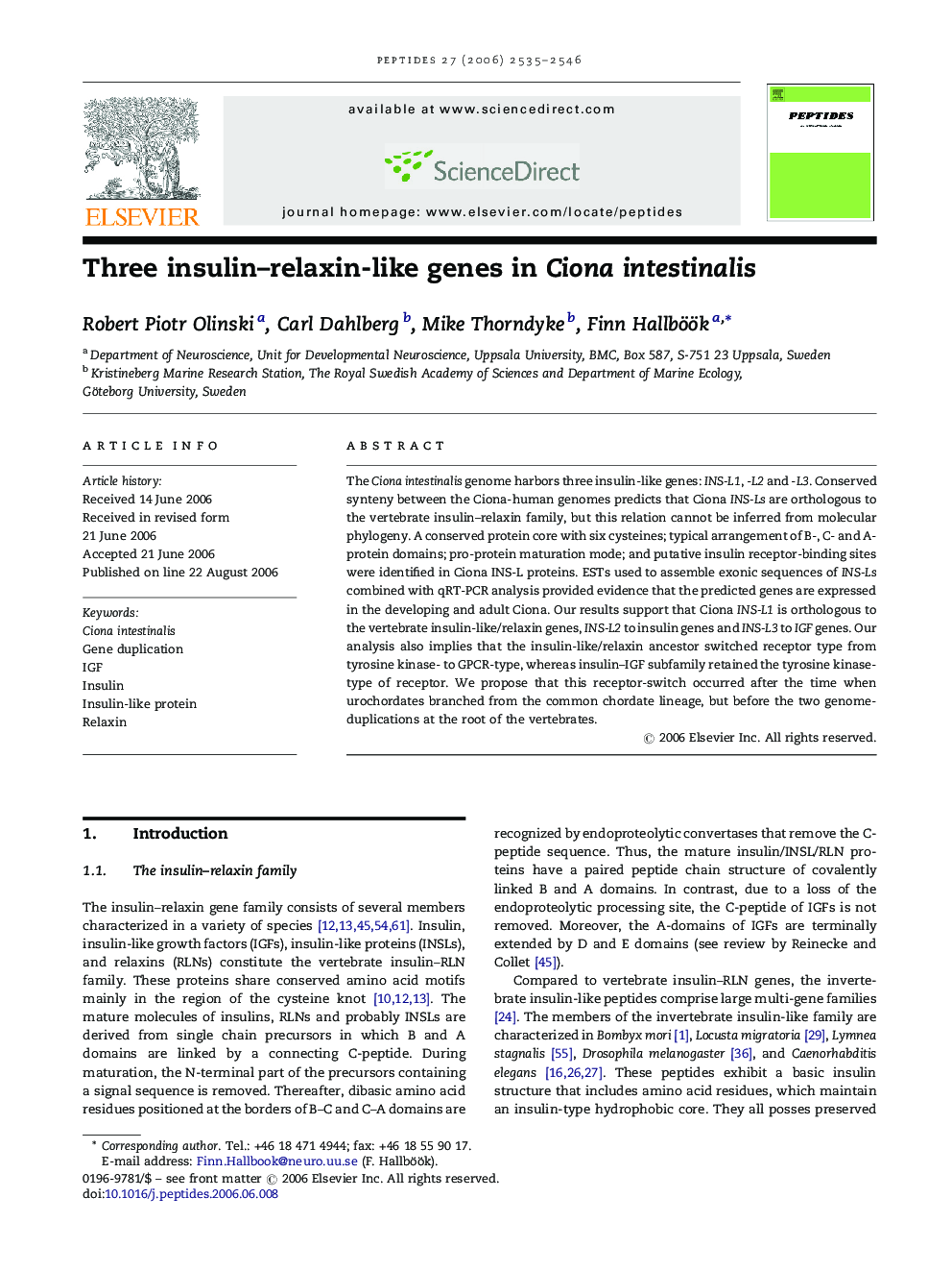 Three insulin–relaxin-like genes in Ciona intestinalis