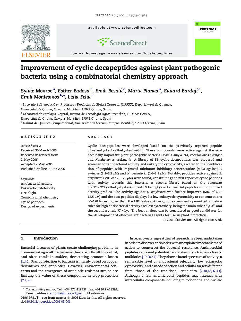 Improvement of cyclic decapeptides against plant pathogenic bacteria using a combinatorial chemistry approach