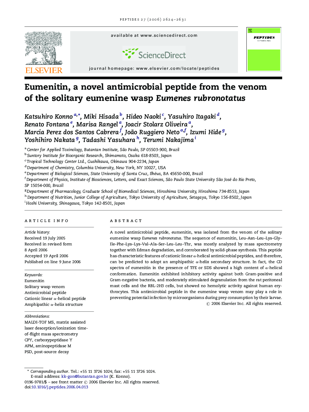 Eumenitin, a novel antimicrobial peptide from the venom of the solitary eumenine wasp Eumenes rubronotatus