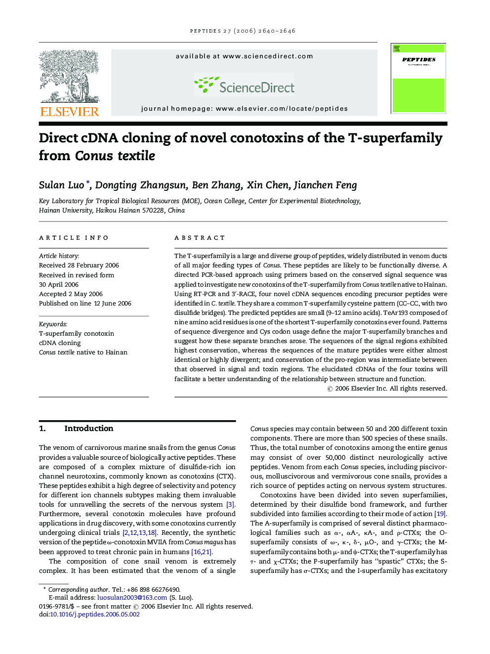 Direct cDNA cloning of novel conotoxins of the T-superfamily from Conus textile