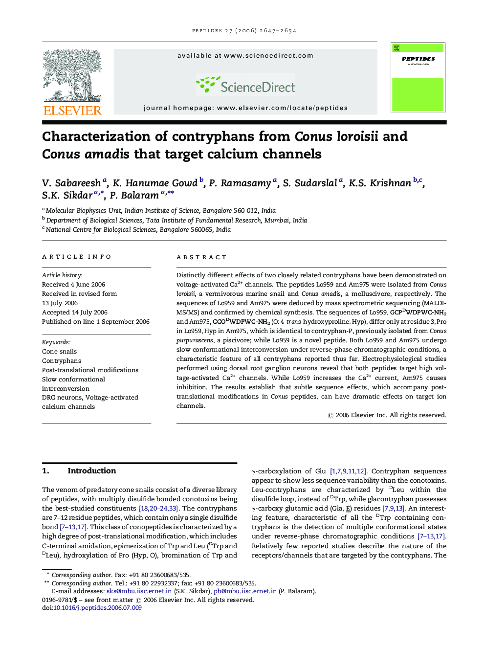 Characterization of contryphans from Conus loroisii and Conus amadis that target calcium channels