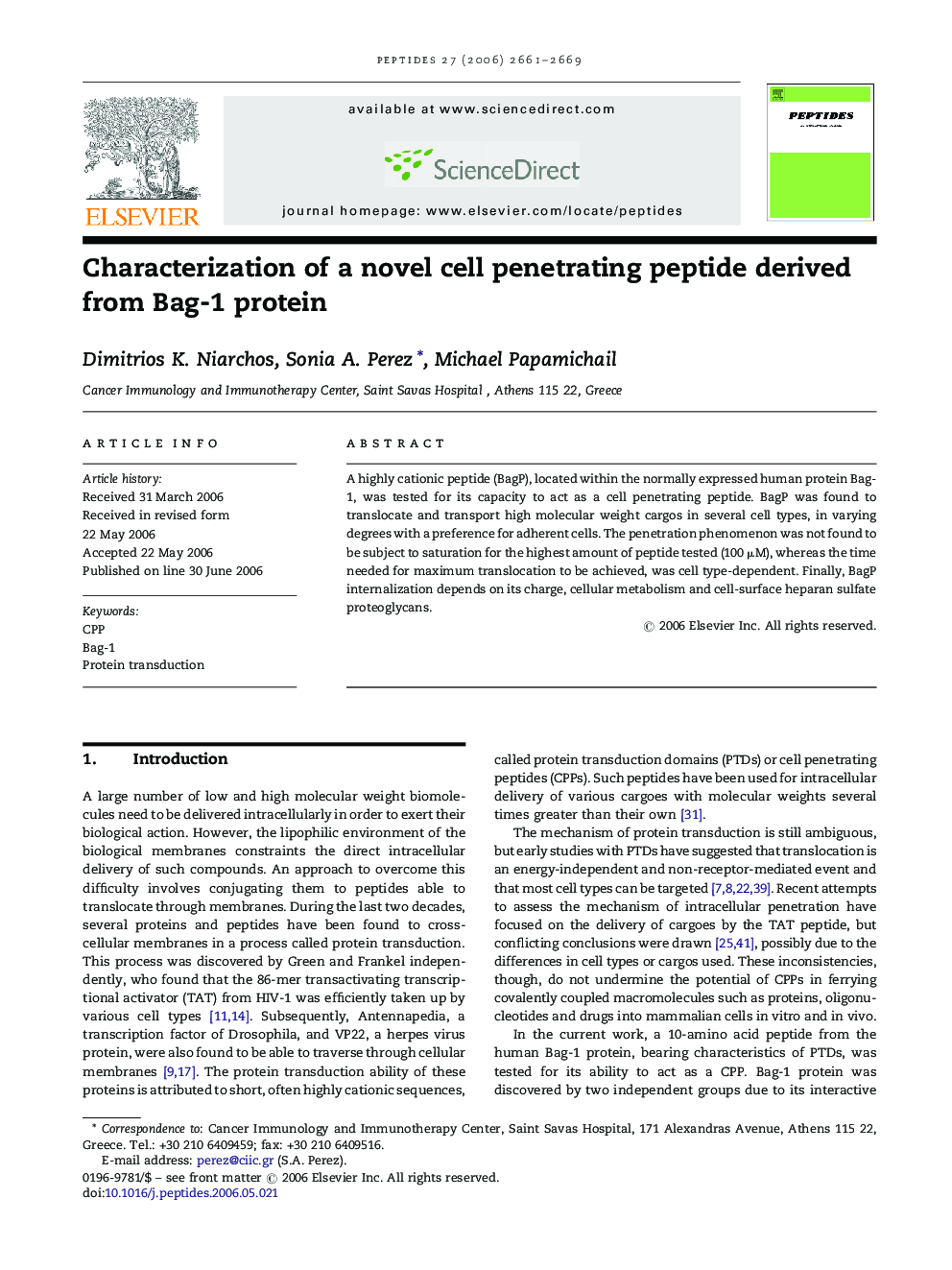 Characterization of a novel cell penetrating peptide derived from Bag-1 protein