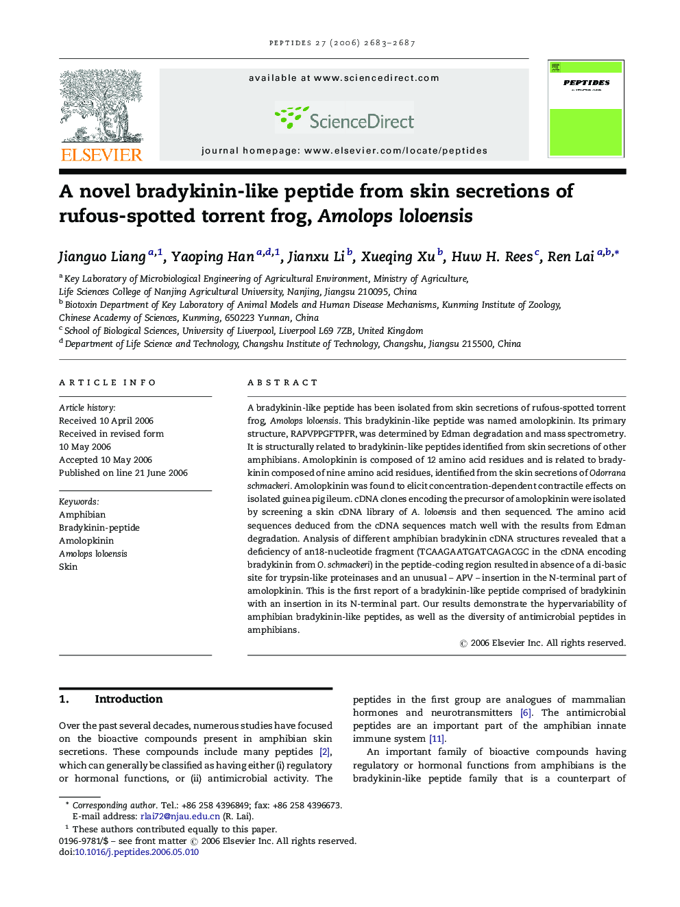 A novel bradykinin-like peptide from skin secretions of rufous-spotted torrent frog, Amolops loloensis