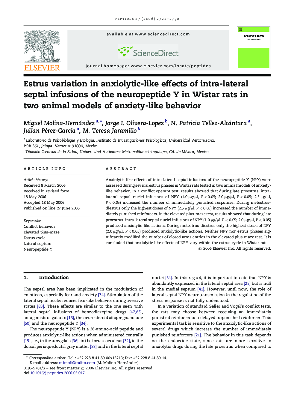 Estrus variation in anxiolytic-like effects of intra-lateral septal infusions of the neuropeptide Y in Wistar rats in two animal models of anxiety-like behavior