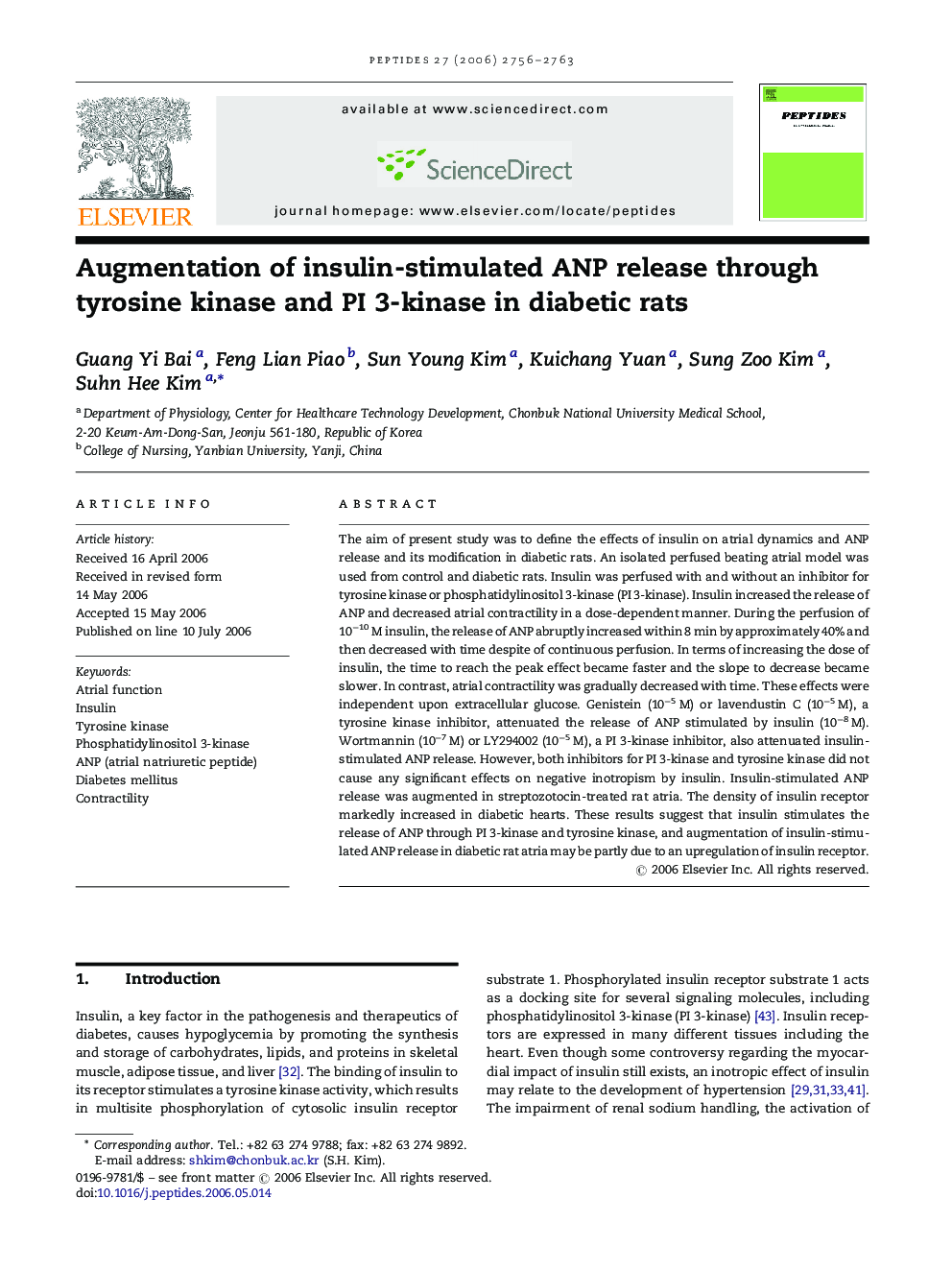 Augmentation of insulin-stimulated ANP release through tyrosine kinase and PI 3-kinase in diabetic rats