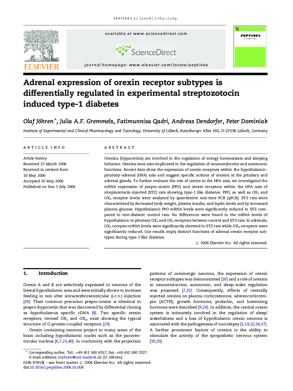 Adrenal expression of orexin receptor subtypes is differentially regulated in experimental streptozotocin induced type-1 diabetes