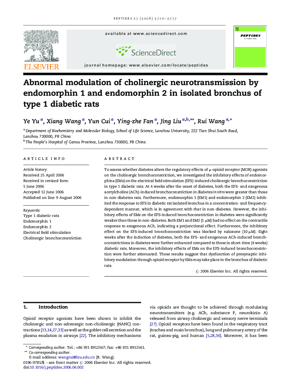 Abnormal modulation of cholinergic neurotransmission by endomorphin 1 and endomorphin 2 in isolated bronchus of type 1 diabetic rats