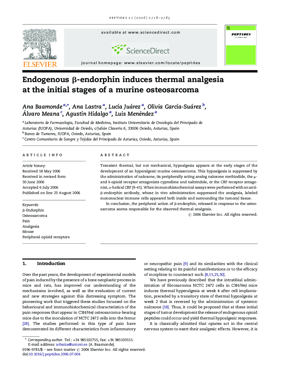 Endogenous β-endorphin induces thermal analgesia at the initial stages of a murine osteosarcoma