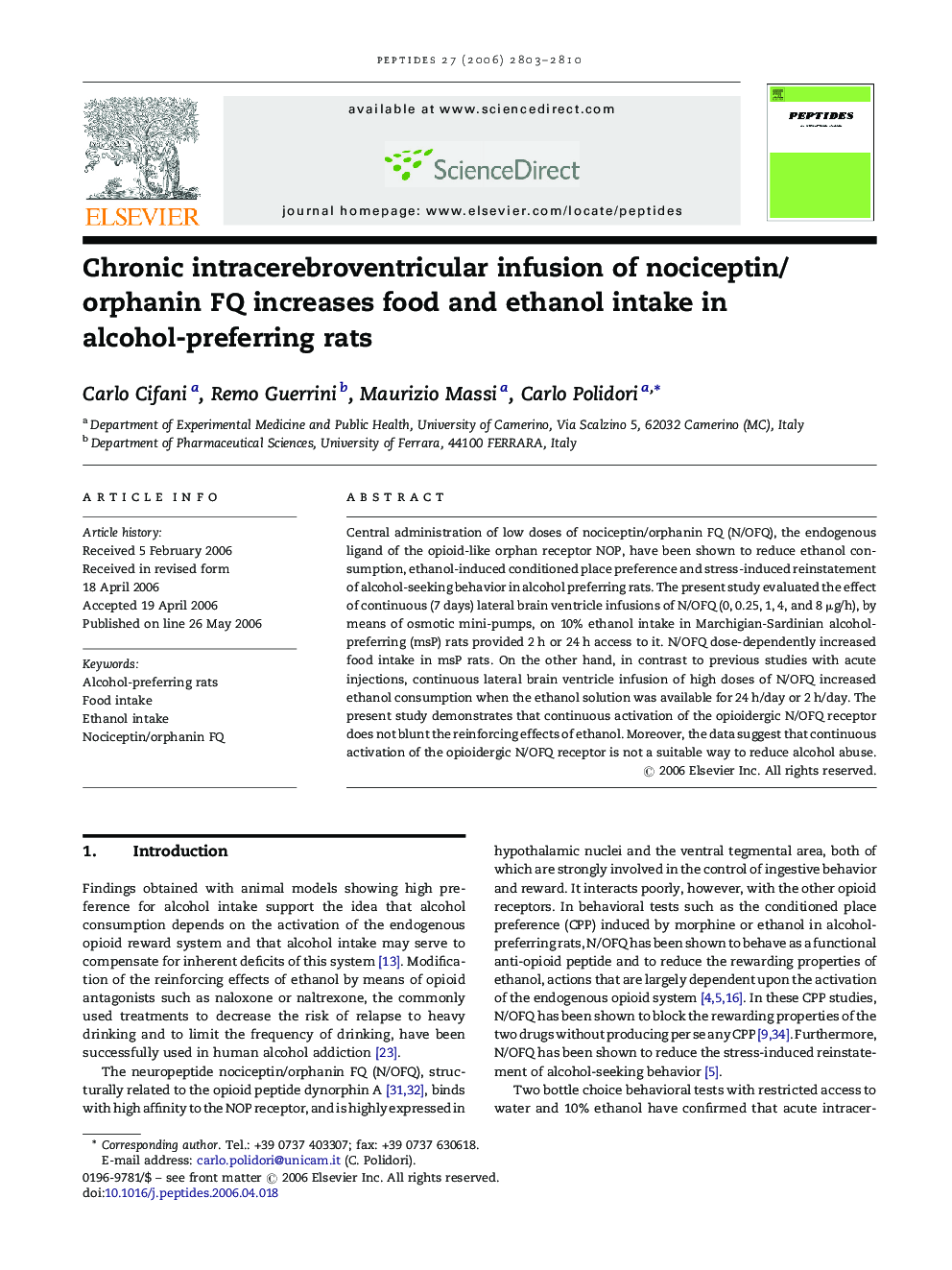 Chronic intracerebroventricular infusion of nociceptin/orphanin FQ increases food and ethanol intake in alcohol-preferring rats