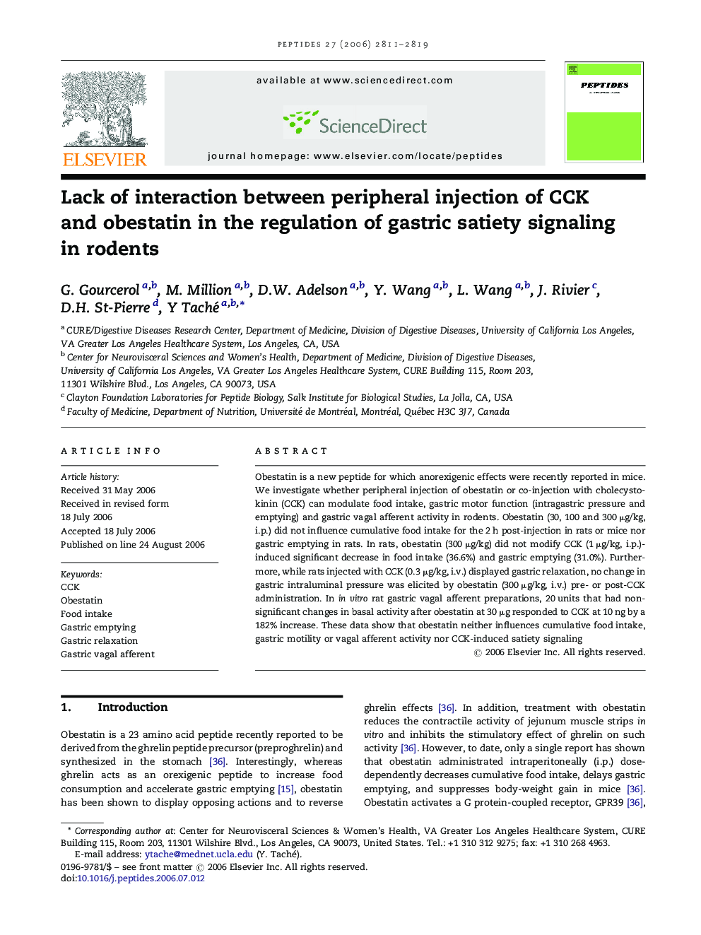 Lack of interaction between peripheral injection of CCK and obestatin in the regulation of gastric satiety signaling in rodents