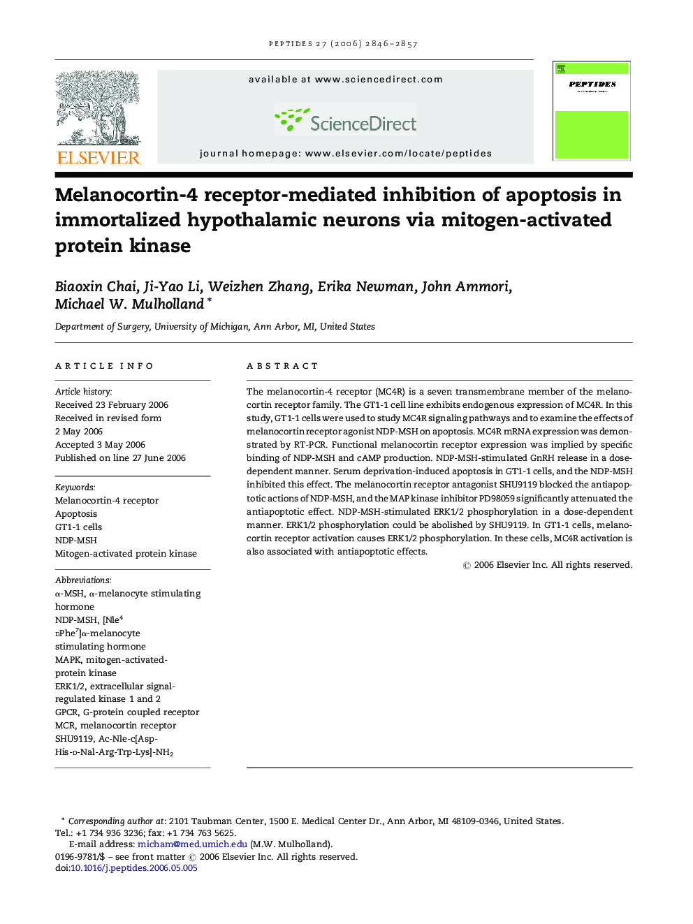 Melanocortin-4 receptor-mediated inhibition of apoptosis in immortalized hypothalamic neurons via mitogen-activated protein kinase