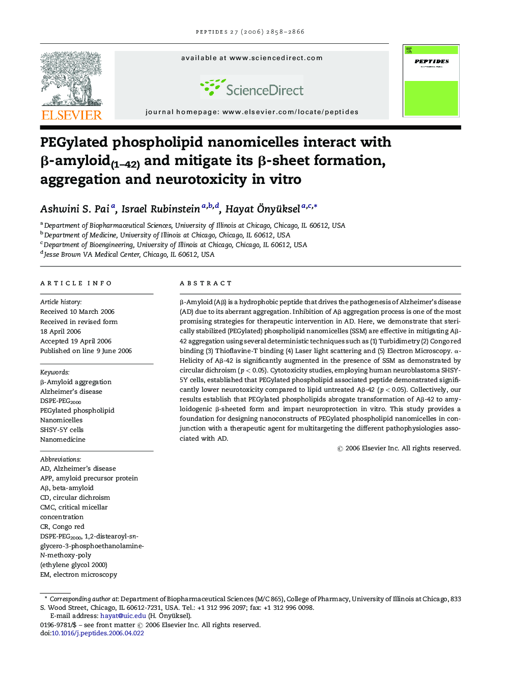 PEGylated phospholipid nanomicelles interact with β-amyloid(1–42) and mitigate its β-sheet formation, aggregation and neurotoxicity in vitro