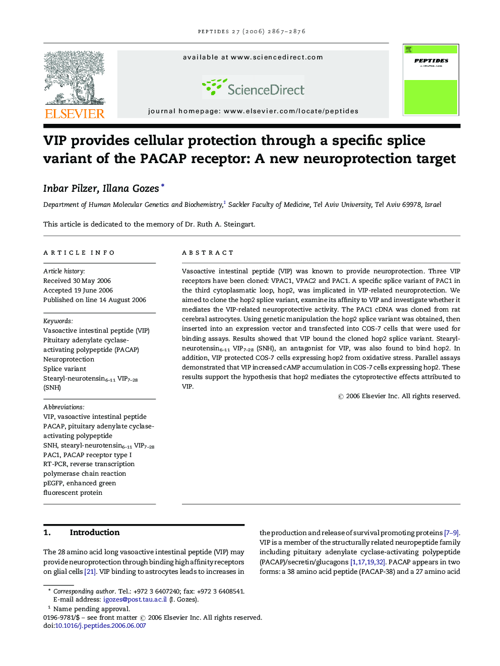 VIP provides cellular protection through a specific splice variant of the PACAP receptor: A new neuroprotection target