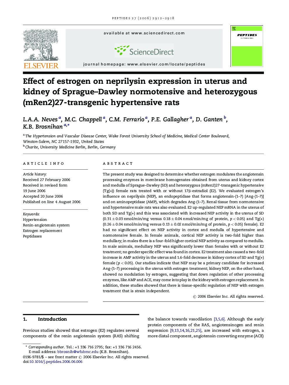 Effect of estrogen on neprilysin expression in uterus and kidney of Sprague–Dawley normotensive and heterozygous (mRen2)27-transgenic hypertensive rats