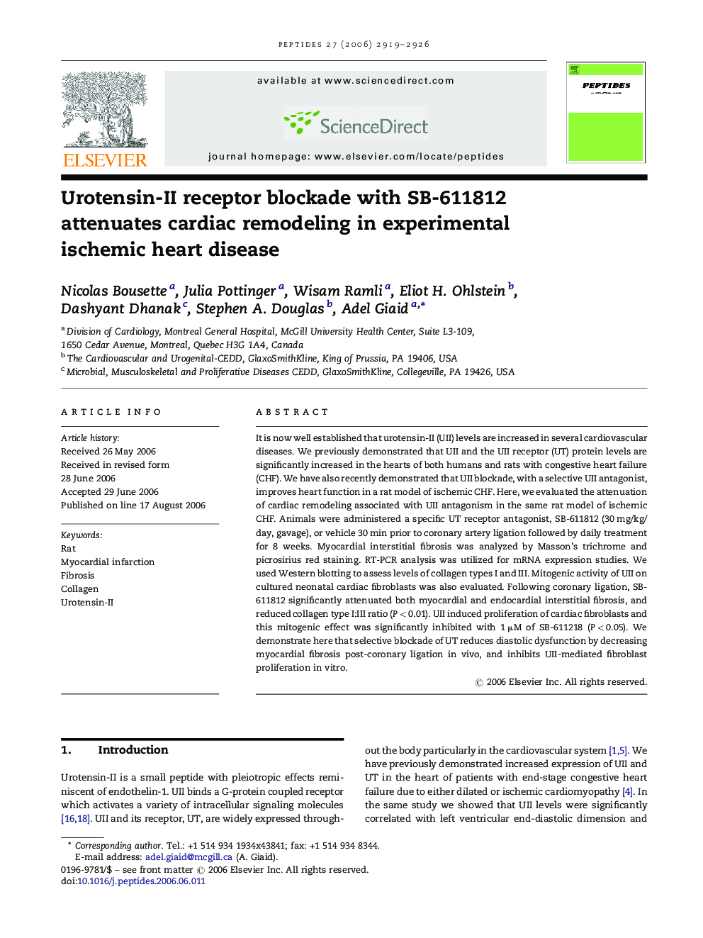 Urotensin-II receptor blockade with SB-611812 attenuates cardiac remodeling in experimental ischemic heart disease