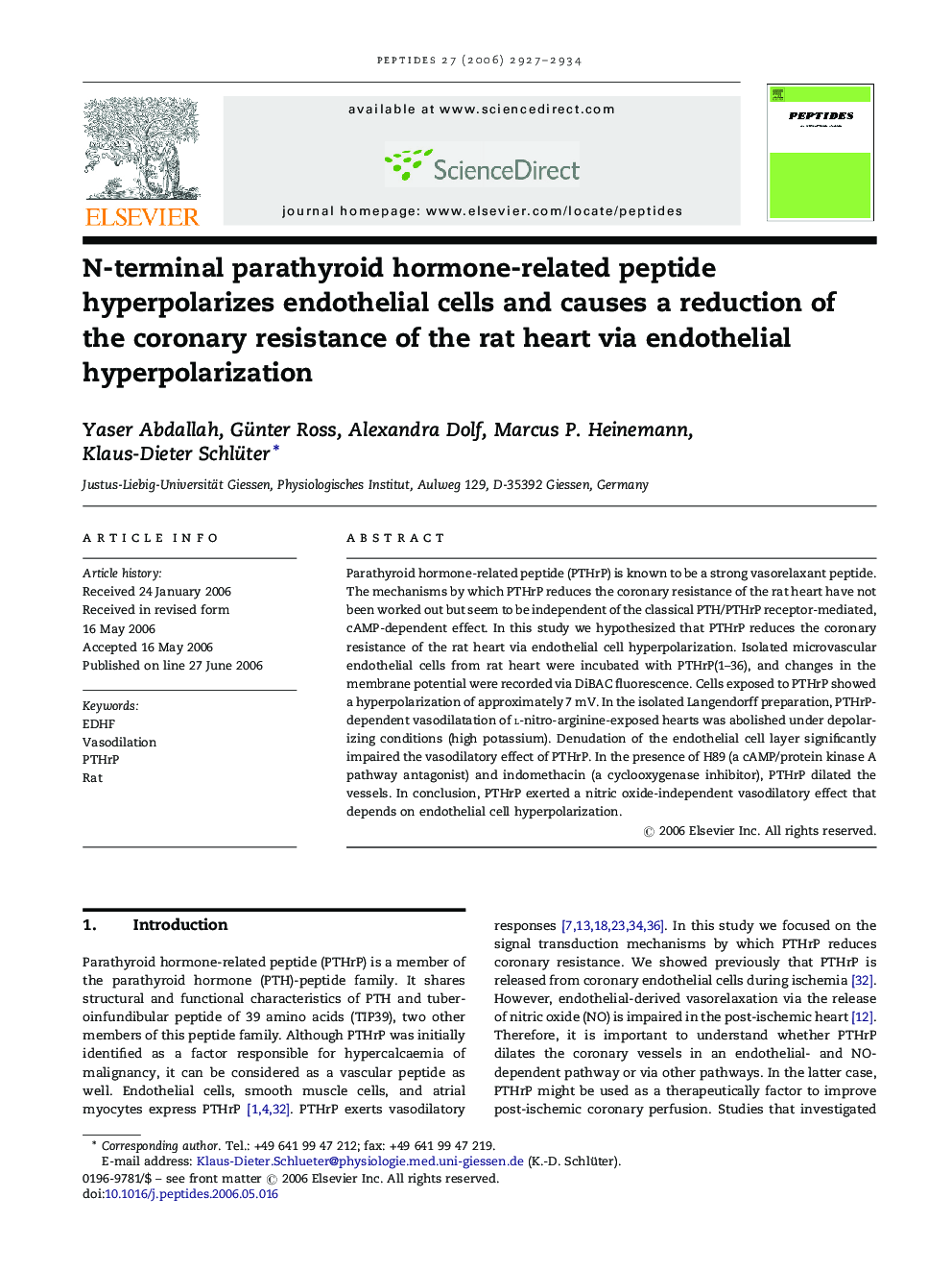 N-terminal parathyroid hormone-related peptide hyperpolarizes endothelial cells and causes a reduction of the coronary resistance of the rat heart via endothelial hyperpolarization