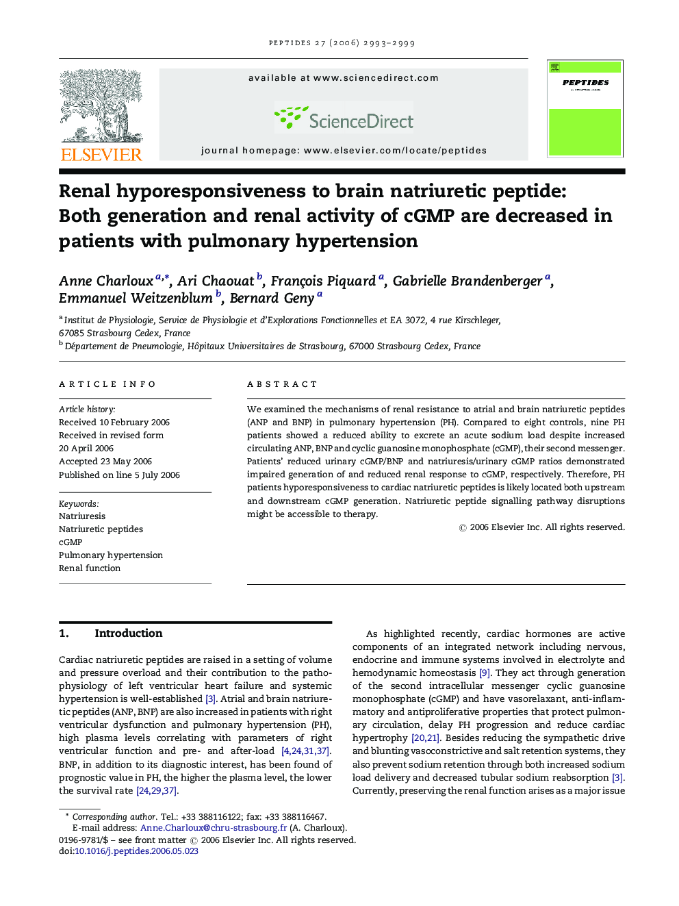 Renal hyporesponsiveness to brain natriuretic peptide: Both generation and renal activity of cGMP are decreased in patients with pulmonary hypertension