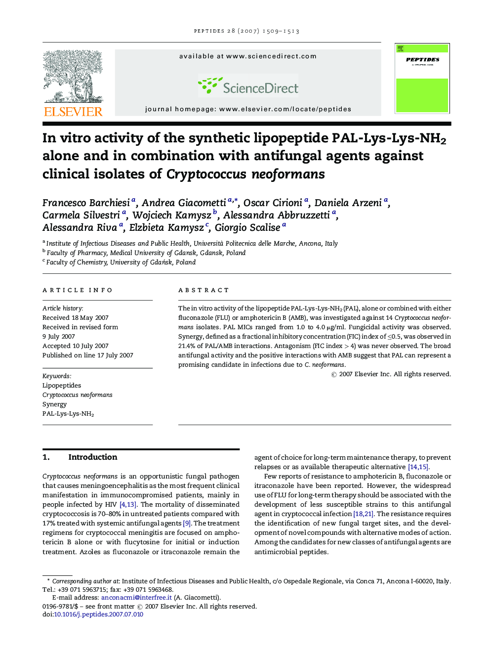 In vitro activity of the synthetic lipopeptide PAL-Lys-Lys-NH2 alone and in combination with antifungal agents against clinical isolates of Cryptococcus neoformans