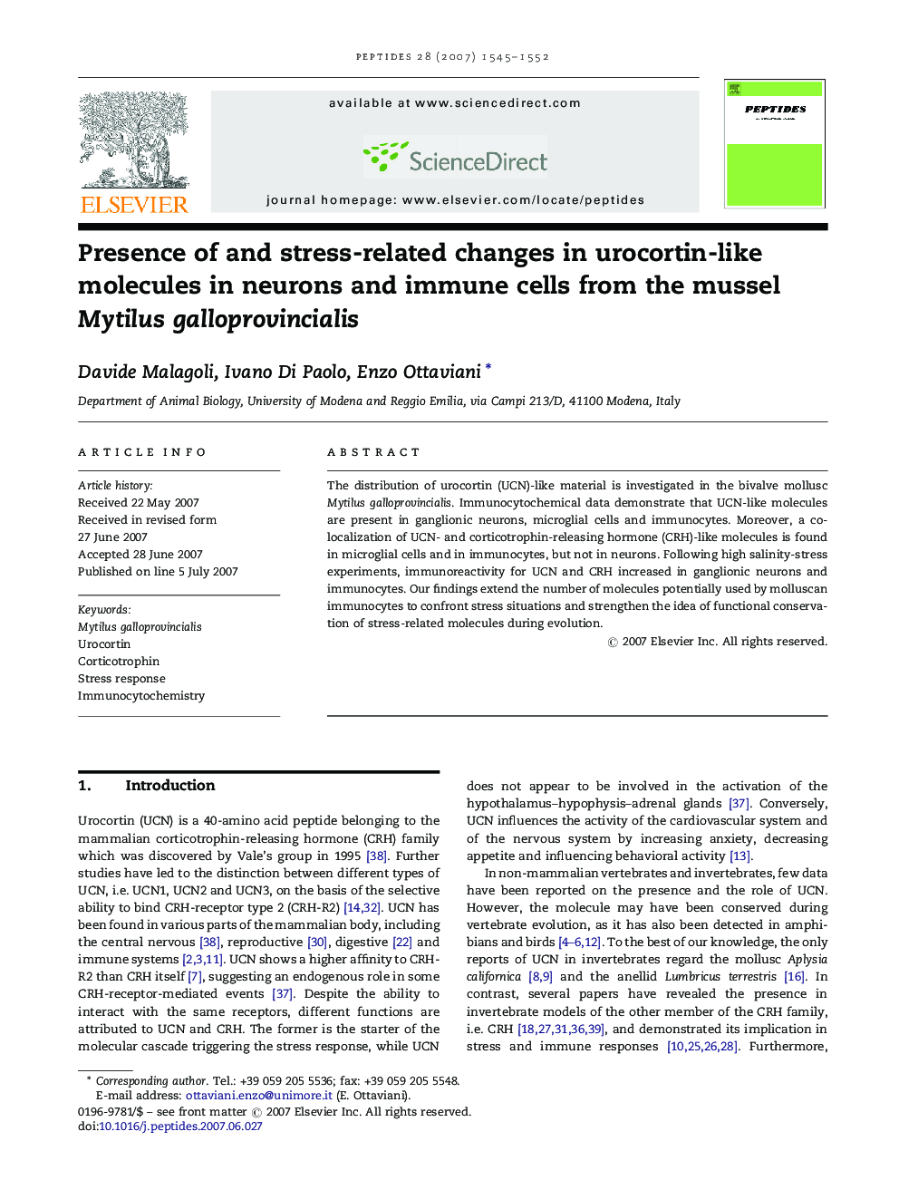 Presence of and stress-related changes in urocortin-like molecules in neurons and immune cells from the mussel Mytilus galloprovincialis