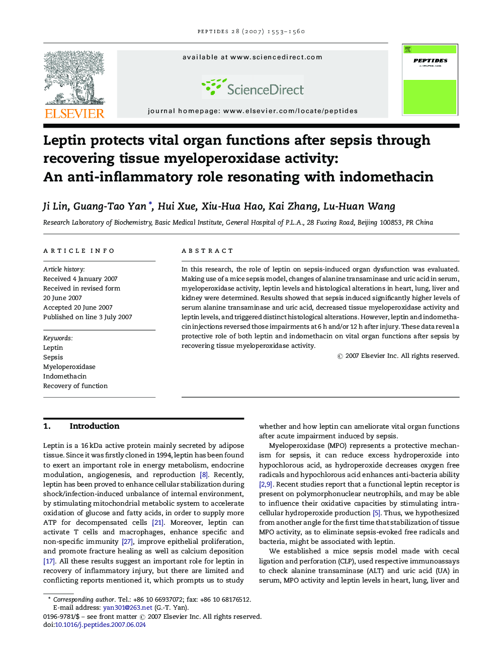 Leptin protects vital organ functions after sepsis through recovering tissue myeloperoxidase activity: An anti-inflammatory role resonating with indomethacin