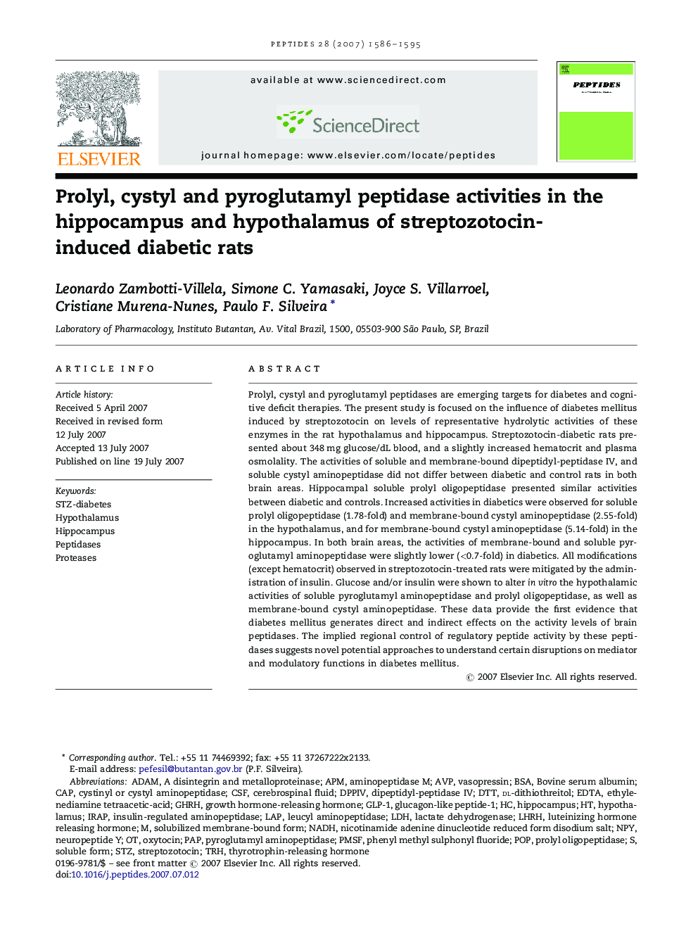 Prolyl, cystyl and pyroglutamyl peptidase activities in the hippocampus and hypothalamus of streptozotocin-induced diabetic rats