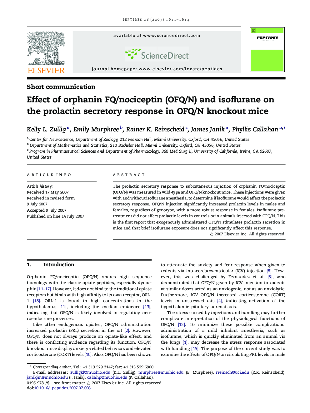 Effect of orphanin FQ/nociceptin (OFQ/N) and isoflurane on the prolactin secretory response in OFQ/N knockout mice
