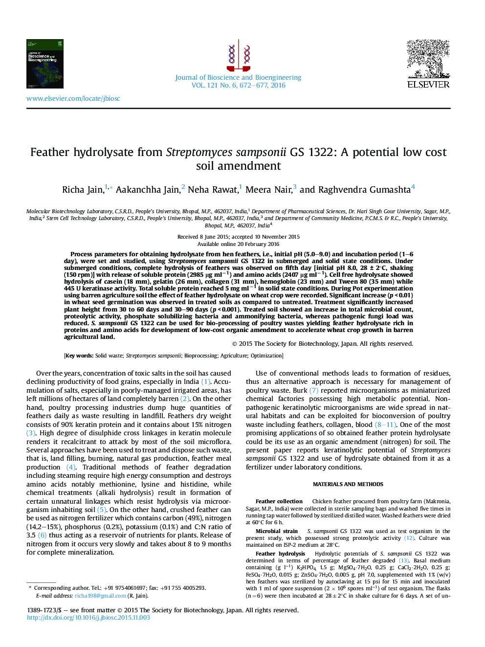 Feather hydrolysate from Streptomyces sampsonii GS 1322: A potential low cost soil amendment