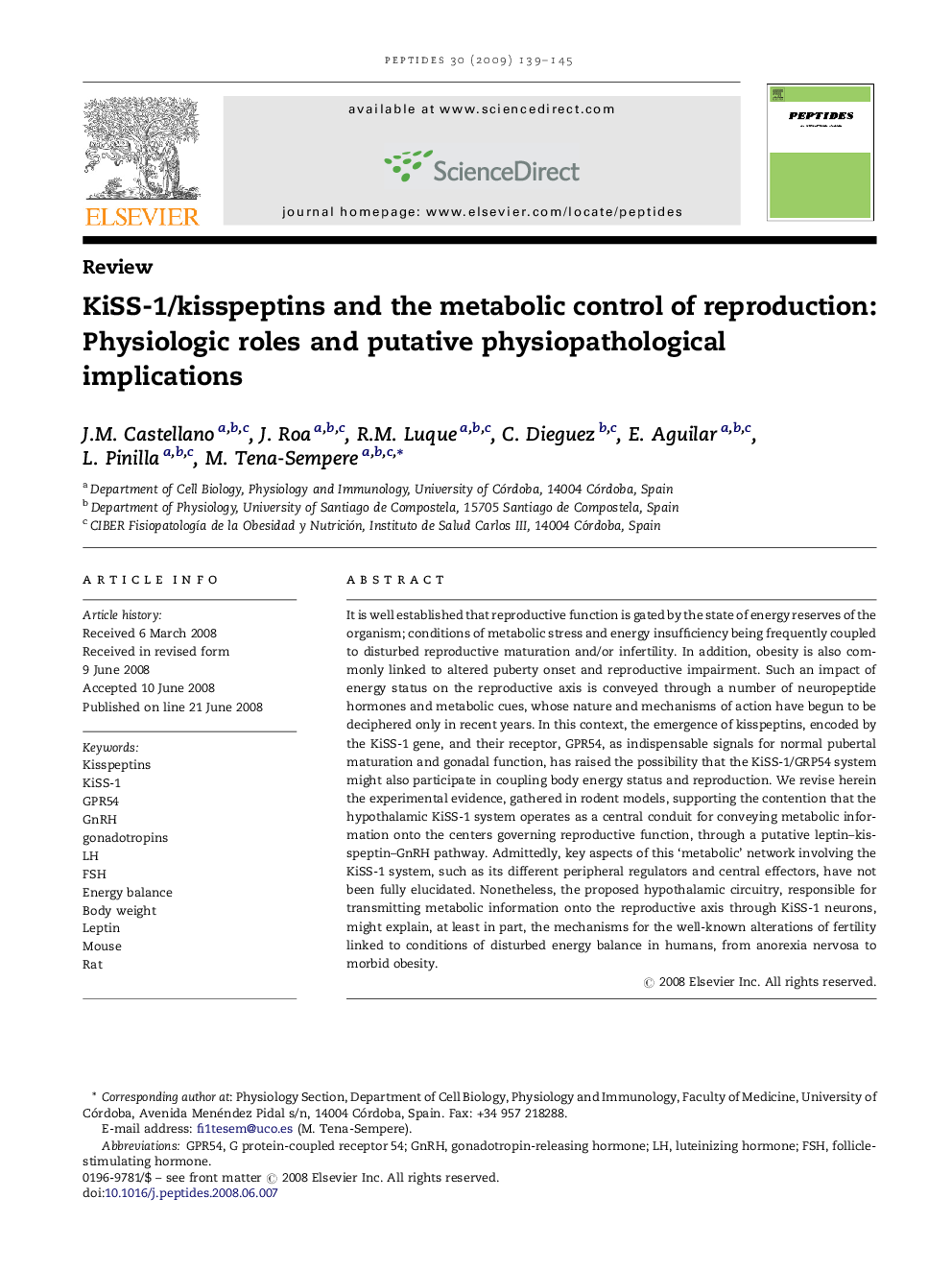 KiSS-1/kisspeptins and the metabolic control of reproduction: Physiologic roles and putative physiopathological implications