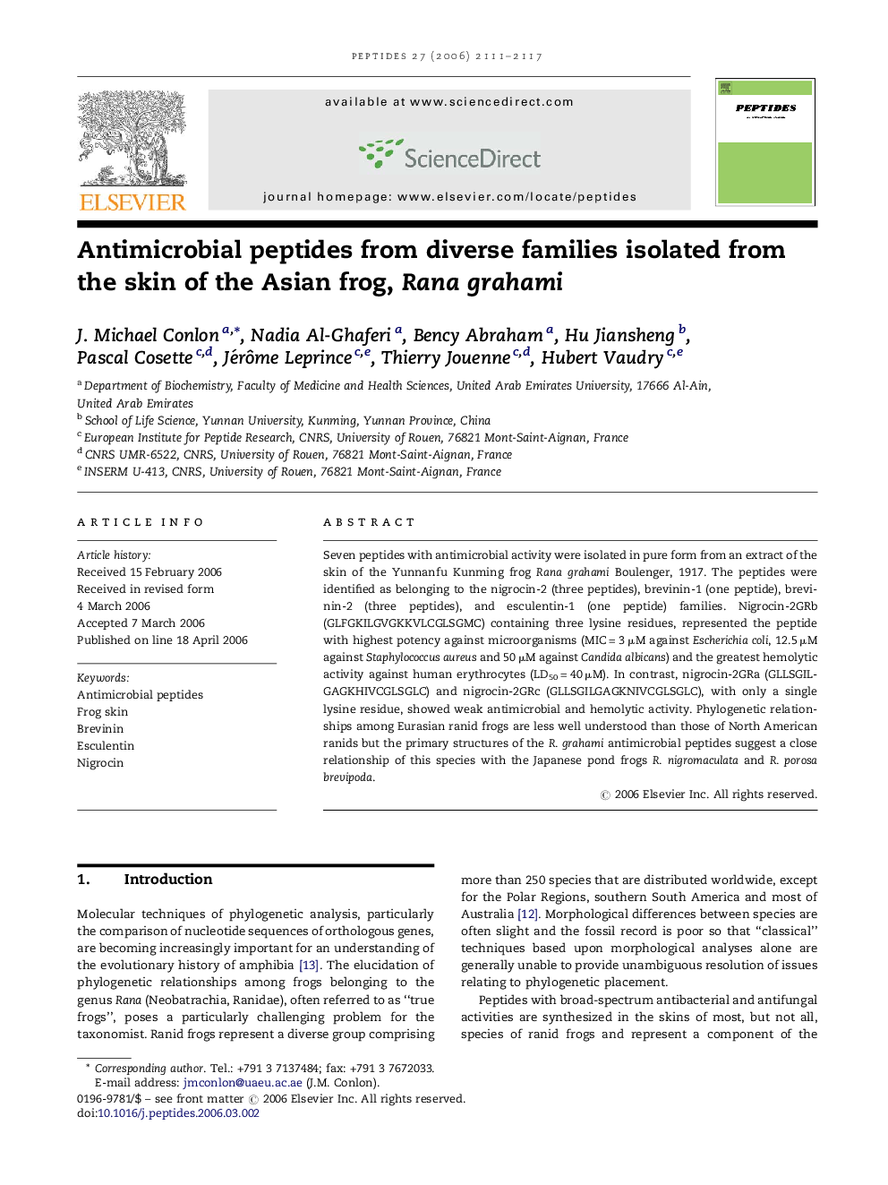 Antimicrobial peptides from diverse families isolated from the skin of the Asian frog, Rana grahami