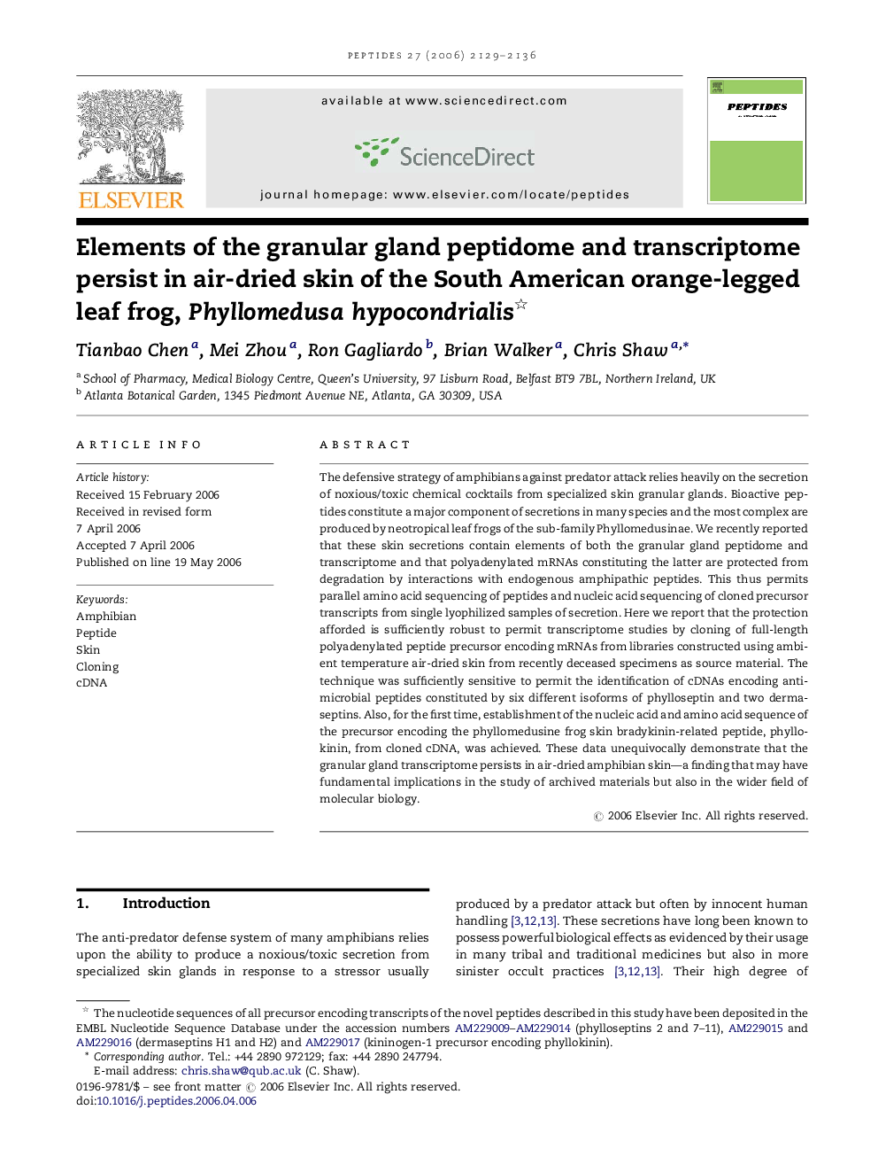 Elements of the granular gland peptidome and transcriptome persist in air-dried skin of the South American orange-legged leaf frog, Phyllomedusa hypocondrialis 