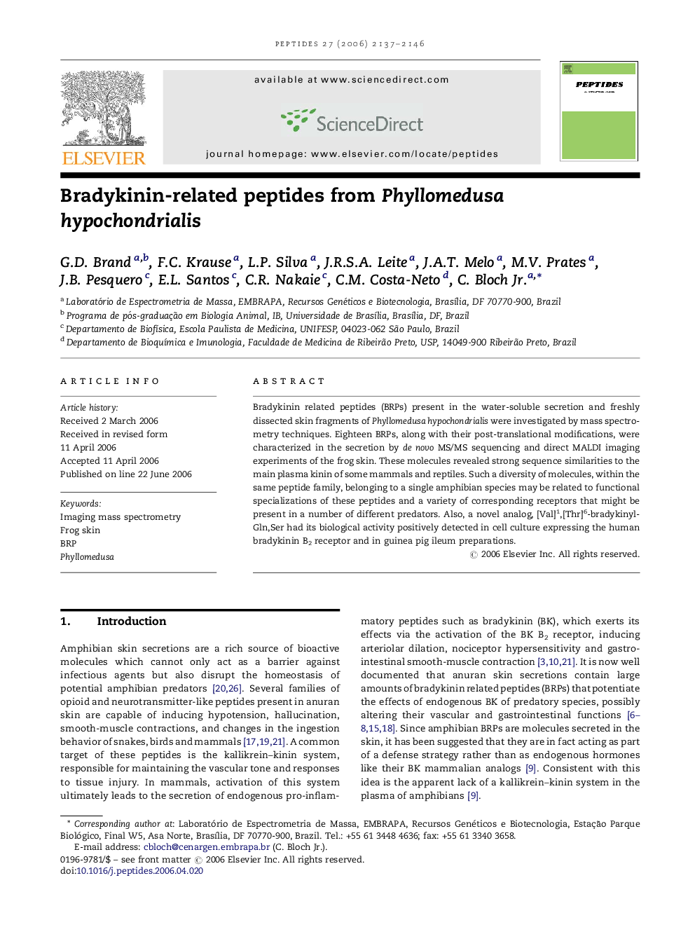 Bradykinin-related peptides from Phyllomedusa hypochondrialis