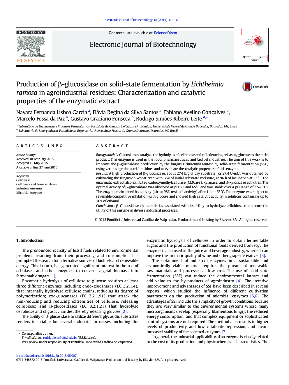 Production of β-glucosidase on solid-state fermentation by Lichtheimia ramosa in agroindustrial residues: Characterization and catalytic properties of the enzymatic extract 