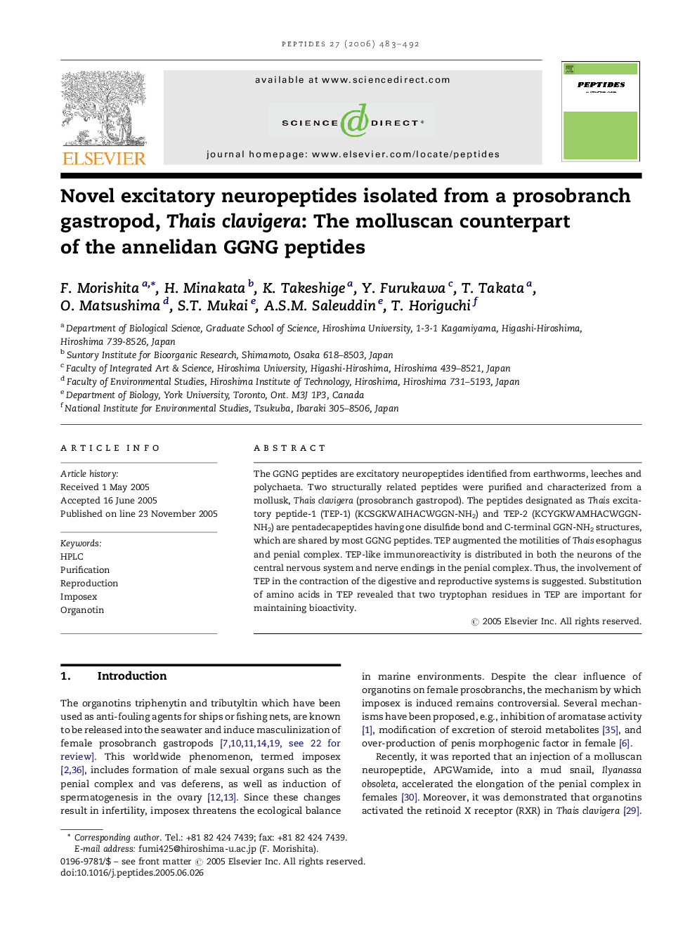 Novel excitatory neuropeptides isolated from a prosobranch gastropod, Thais clavigera: The molluscan counterpart of the annelidan GGNG peptides