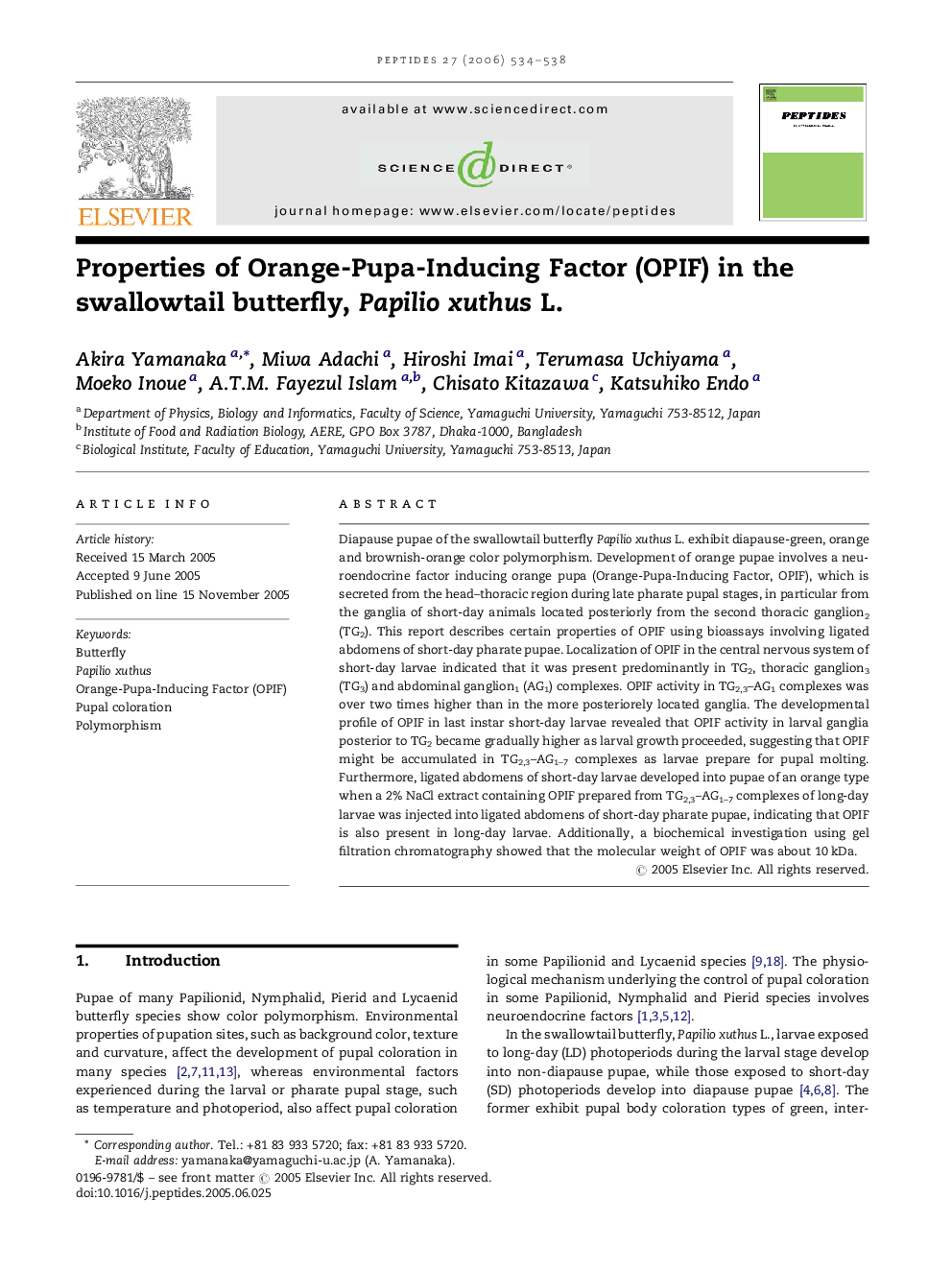 Properties of Orange-Pupa-Inducing Factor (OPIF) in the swallowtail butterfly, Papilio xuthus L.