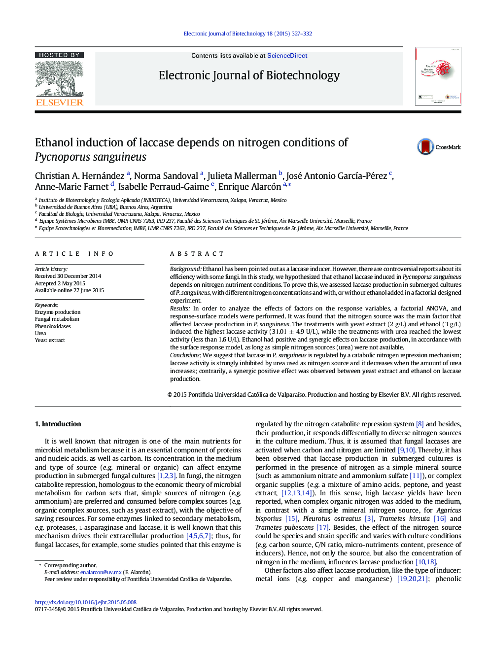 Ethanol induction of laccase depends on nitrogen conditions of Pycnoporus sanguineus 