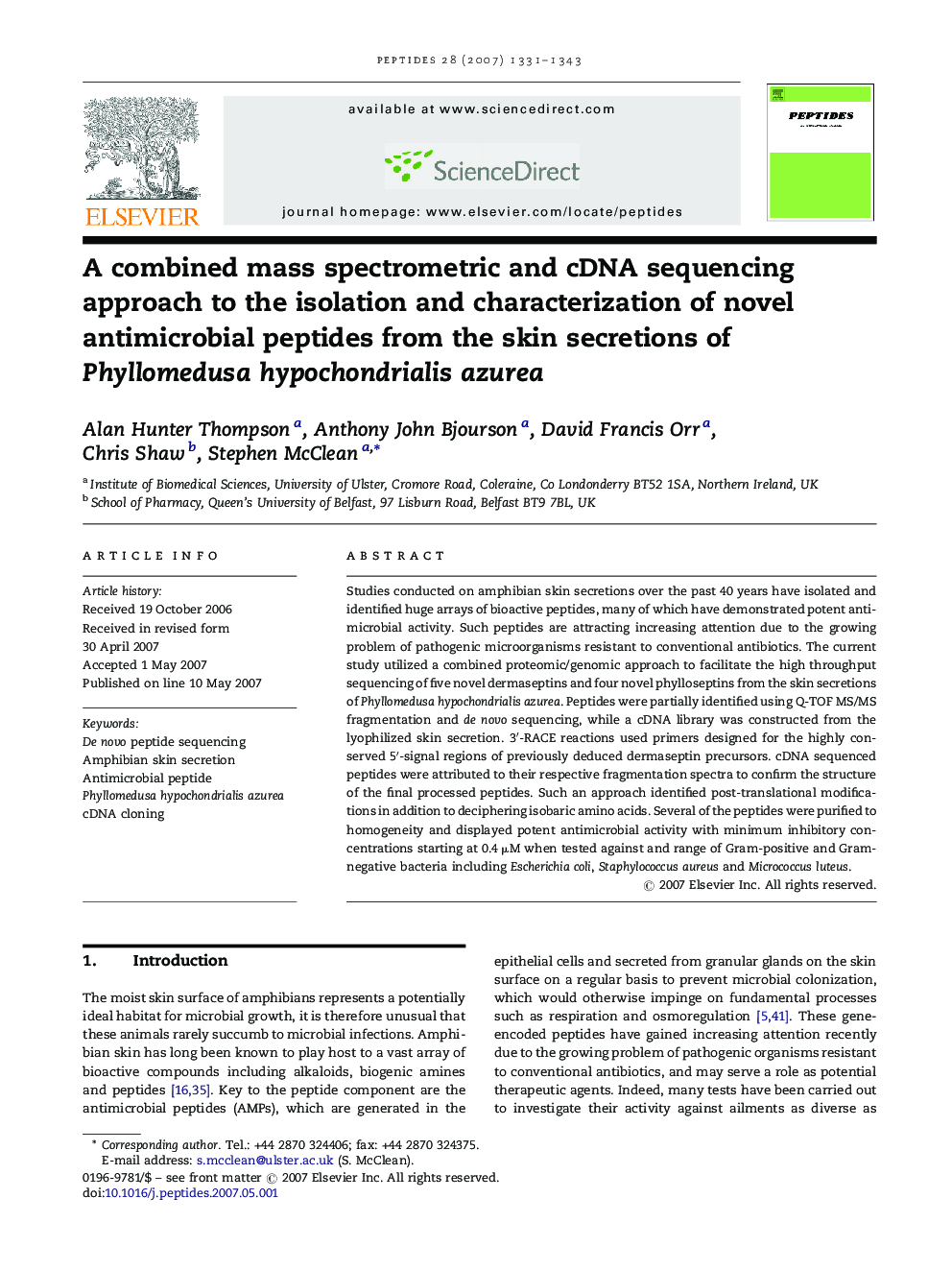 A combined mass spectrometric and cDNA sequencing approach to the isolation and characterization of novel antimicrobial peptides from the skin secretions of Phyllomedusa hypochondrialis azurea