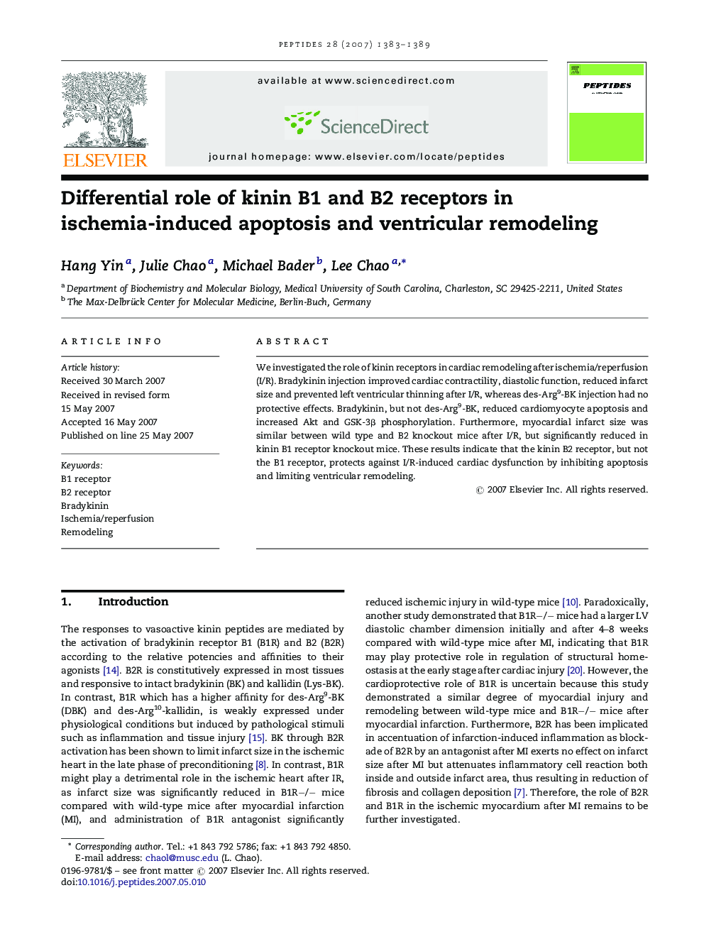 Differential role of kinin B1 and B2 receptors in ischemia-induced apoptosis and ventricular remodeling