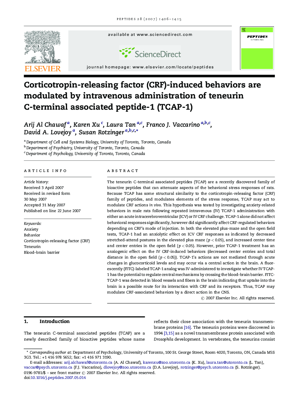 Corticotropin-releasing factor (CRF)-induced behaviors are modulated by intravenous administration of teneurin C-terminal associated peptide-1 (TCAP-1)